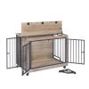 Furniture Style Dog Crate Side Table With Rotatable Feeding Bowl, Wheels, Three Doors, Flip-Up Top Opening. Indoor, Grey, 38.58"W x 25.2"D x 27.17"H