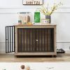 Furniture Style Dog Crate Side Table With Feeding Bowl, Wheels, Three Doors, Flip-Up Top Opening. Indoor, Grey, 38.58"W x 25.2"D x 27.17"H