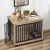 Furniture Style Dog Crate Side Table With Feeding Bowl, Wheels, Three Doors, Flip-Up Top Opening. Indoor, Grey, 38.58"W x 25.2"D x 27.17"H