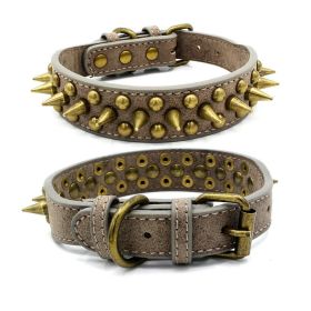 404 POPMARKET Retro Studded Spiked Rivet Large Dog Pet Leather Collar Pit Bull S-XL (Option: Gray-L)